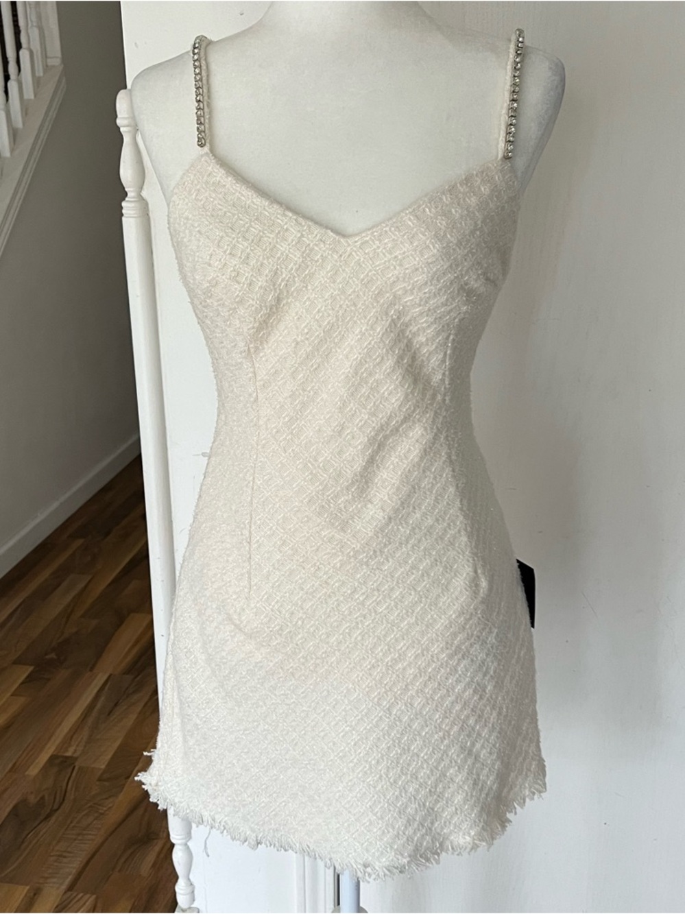 Ivory Gold Shimmery Tweed Mini Dress Crystal Straps, Bride / Graduate, Small New